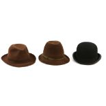Herbert Johnson bowler hat in original box and two brown trilby hats . Interior 200mm / 264mm.