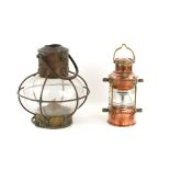 Masthead lamp of onion form with burner, and a copper Anchor lamp (2).