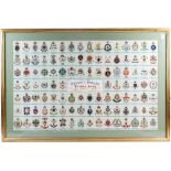Collection of reproduction military cap badges, framed and glazed, a print of Regimental badges, and