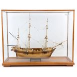 1:64 scale modle Of H.M.S. Beagle by G.T. Smart, in glazed display case, 54cm x 72cm x 26cm.