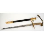 George V naval short sword with gilt metal and shagreen grip, in leather and brass mounted sheath