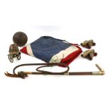Cast metal cannon ball horn handle whip three small brass table cannons and a Union flag .