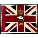 Framed Regimental Colour of a Union flag painted with a crown over a boar and XI scroll 43cm x