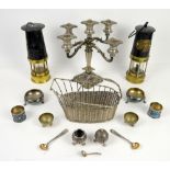 Two miner's lamps, one marked Thomas & Williams, two cloisonné napkin rings and a small quantity