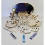 Silver plated items including tea service, tray, sauce boat, various spoons and South American white