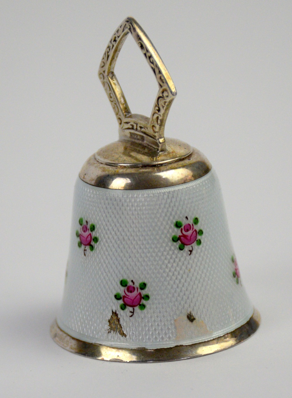 Sterling silver and guilloche enamelled bell with rose decoration, - Image 2 of 3