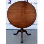 19th century mahogany tilt-top table on turned column and tripod base,