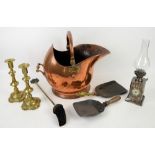 Collection of silver plated and other metal items to include a copper coal scuttle, trays, etc