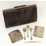 Silver card case, cigarette case, some spoons and a leather clutch bag