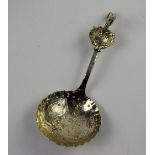 Continental silver caddy spoon, with bird finial, rural scene, import marks for London, 1896,