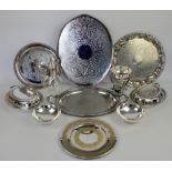 Collection of silver-plated items including entree dishes and covers, salvers, two Mappin & Webb