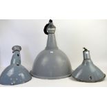 Large Benzamin grey enamel industrial pendant lamp 48cm and two other grey enamel lamps (3)
