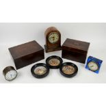 Group of items including clocks, porcelain pot covers, wooden candlesticks, tea caddies, etc.