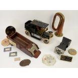 Early 20th century mahogany card shuffler Briotet Paris, Hush a phone, a copper hunting horn,