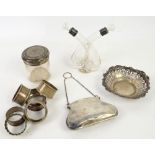 Silver purse with bright cut engraved decoration, Birmingham 1917, boxed, glass toilet bottle with