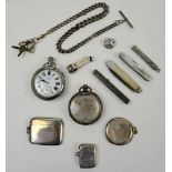 Small group of silver and white metal items including vesta cases, cigar cutter, pocket watch cases,