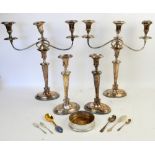 Silver-mounted wine bottle coaster, pair of silver-plated candelabra and two matching