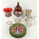 Mixed group of items including cabinet plates, some with certificates, records, part tea-service,