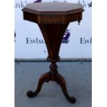 19th century rosewood workbox with hinged lid to reveal fitted compartment, and a glazed corner