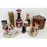 Royal Dolton Bunnykins money bank, D.6615 two Dresden figural groups and other items