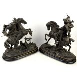 Pair of spelter figures of mounted Knights, on bases, 49cm high (not including the base)