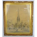 A.R. South - pen and ink church scene, signed lower left, 56x68 cm, framed