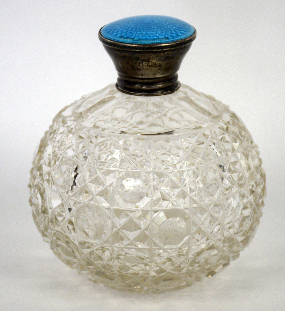 George V silver and enamel topped cut glass scent bottle, Birmingham, 1925,