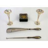 Pair of Edward VII silver spill vases, Sheffield, 1903, silver mounted box, Birmingham, 1905 and a