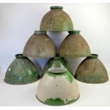 Set of seven green and white enamel industrial lamp shades 35cm dia