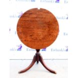 19th century mahogany round tilt top table on column on splayed legs