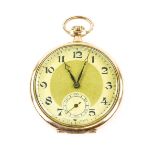 An open faced gold pocket watch, gilt dial with Arabic numerals subsidiary dial and minute track,