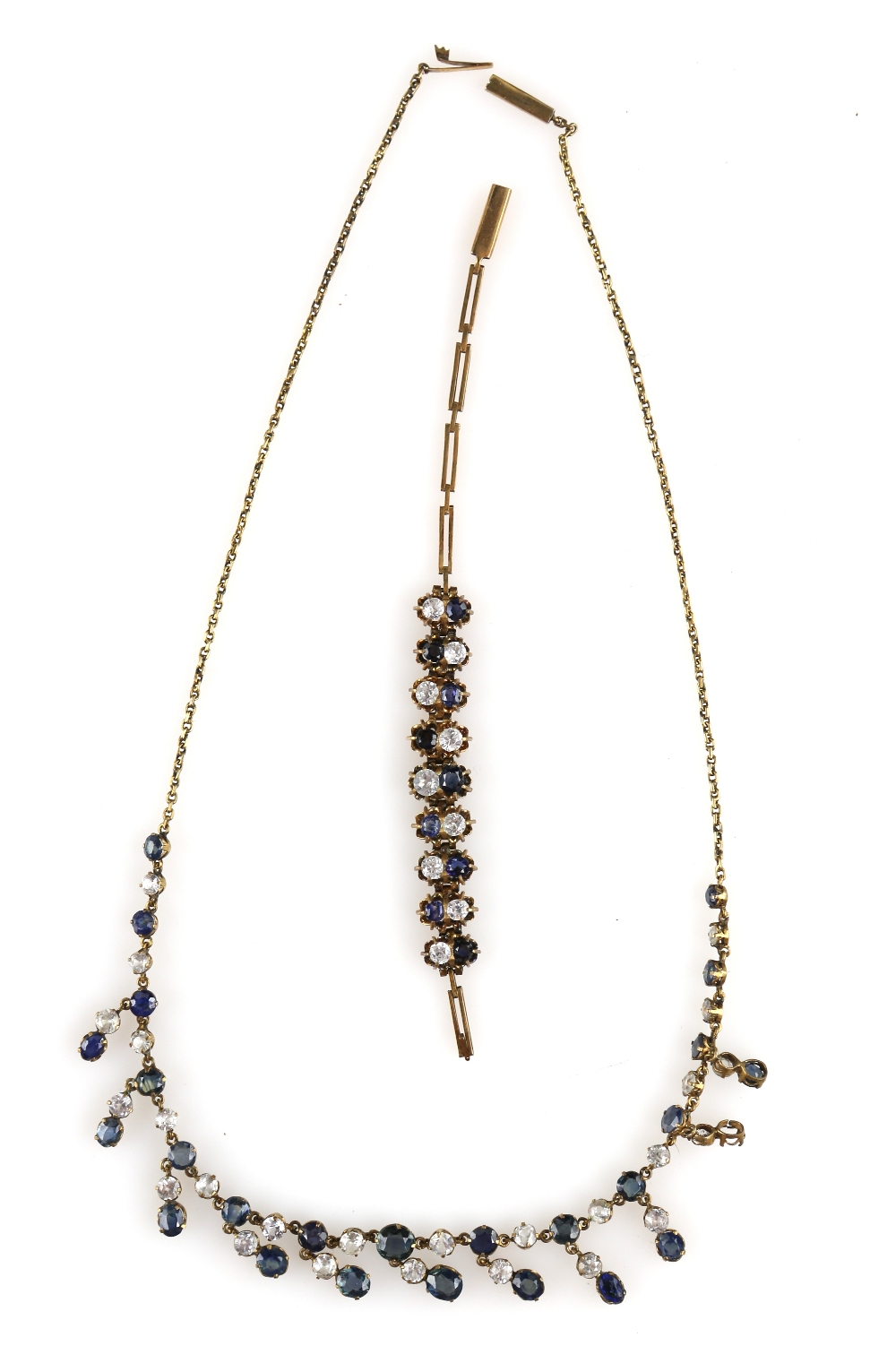 Early 1950's sapphire necklace, set with round cut white sapphires and oval cut blue sapphires,