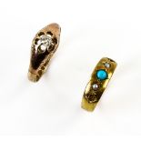 Edwardian turquoise and pearl ring, ring size J, set in 15 ct yellow gold and a late Victorian old