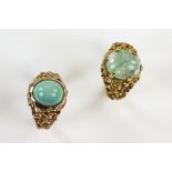 Two vintage 1970's dress rings, one with cabochon turquoise stone and another with green calcite,