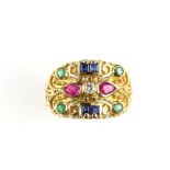 Multi stone ring set with diamond, sapphire, ruby and emerald, with fine wirework and beaded