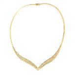 Three colour gold necklace the V form inset with textured bands, Italian, marks for 14 ct gold.