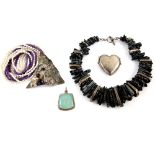 A group of silver and costume jewellery including amethyst and pearl pendant necklace,Silver heart