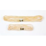 A vintage triple row cultured pearl necklace to a pearl set gold clasp, and a similar pearl choker .