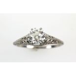 Art Deco old cut diamond ring, in floral decorated platinum mount,estimated diamond weight 1.57