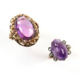 Two amethyst rings, one set with oval cabochon cut amethyst 17 x 11mm with rose cut diamond set