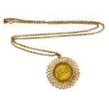 Gold pendant set with 1891 full sovereign minted in Melbourne and belcher link chain hallmarked 9