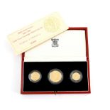 Royal Mint, 500th Anniversary 1489-1989 gold proof sovereign three coin set. Comprising a half