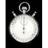 Nero Lemania stop watch in stainless steel case, the signed dial with outer railway track scale in