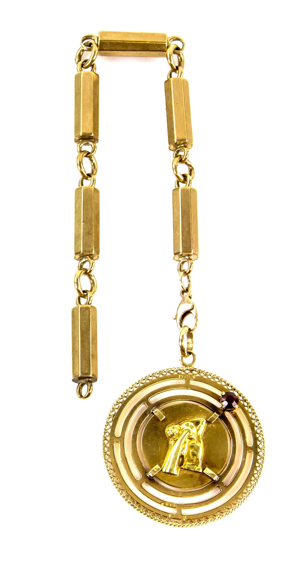 Vintage gold pendant, central disk depicting a women pouring water out of a jug, in 18 ct bearing