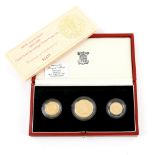 Royal Mint, 500th Anniversary 1489-1989 gold proof sovereign three coin set. Comprising a half