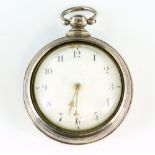 George IV silver pair case open face pocket watch, the white enamel dial with black Arabic hour