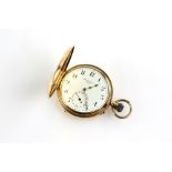 J W Benson 9ct gold half hunter pocket watch, the signed enamel dial with black Arabic numeral