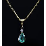 Contemporary drop pendant, set with a pear cut emerald, estimated weight 1.37 carats, rub over