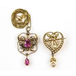 Edwardian heart seed pearl set brooch, 2 x 3cm and Edwardian seed pearl and pink paste pendant, both