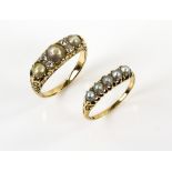 Two antique pearl rings, one set with four old cut diamonds and three pearls and another set with